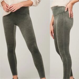 SPANX Olive Green Velvet Leggings High Waist Elastic Size Small